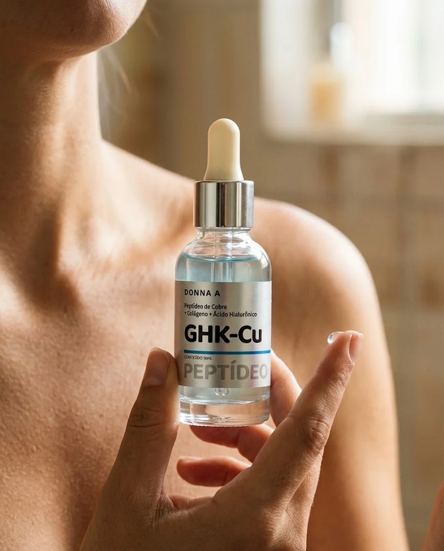 Aplicação do sérum GHK-Cu no rosto com o conta-gotas