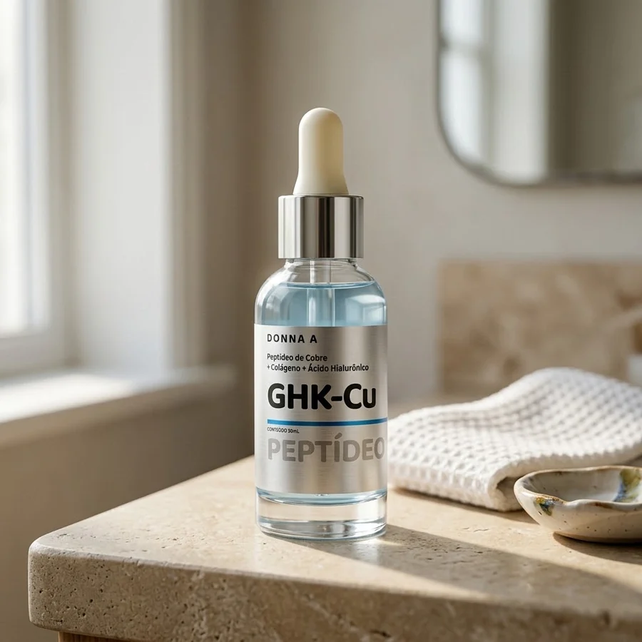 Frasco do sérum GHK-Cu Donna A em primeiro plano na bancada de mármore, com os
              demais produtos da rotina desfocados atrás, sobre a bandeja