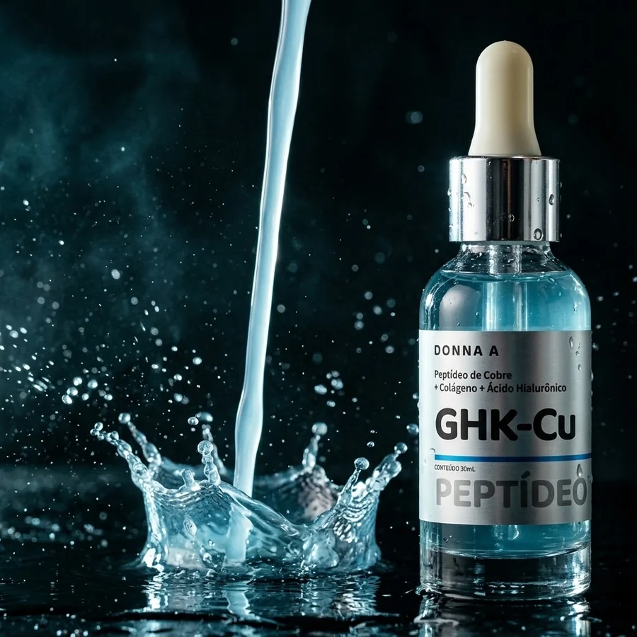 Sérum GHK-Cu azul-turquesa sendo despejado sobre o frasco inclinado, com respingo suspenso