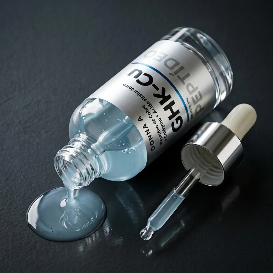 Fio de sérum azul-turquesa caindo do conta-gotas para dentro do frasco do GHK-Cu Donna A