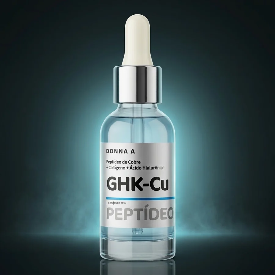 Frasco do sérum GHK-Cu Donna A de 30 mL em luz de estúdio, com o líquido azul visível
