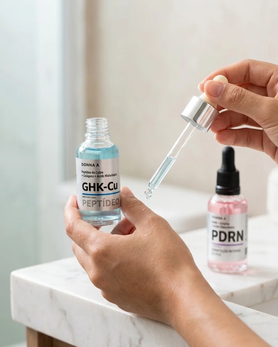 Aplicação de um dos séruns do kit com o conta-gotas, o outro frasco ao fundo