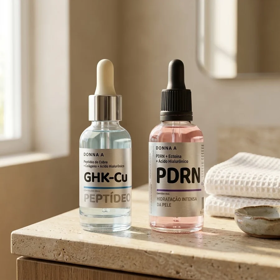 Os dois frascos do kit Donna A, azul e rosa, na bancada do banheiro, com os produtos da rotina desfocados atrás