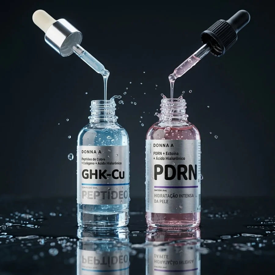 Sérum azul e sérum rosa sendo despejados lado a lado, com respingo suspenso