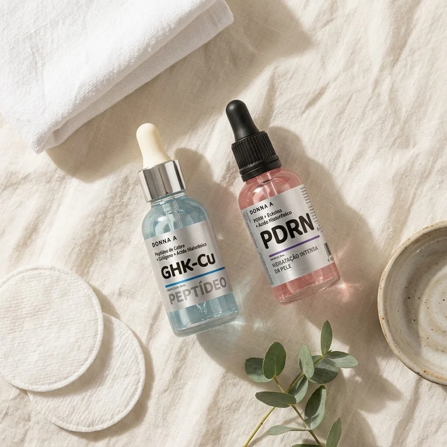 Os dois frascos do kit Donna A vistos de cima, azul e rosa, com toalha e bandeja de cerâmica