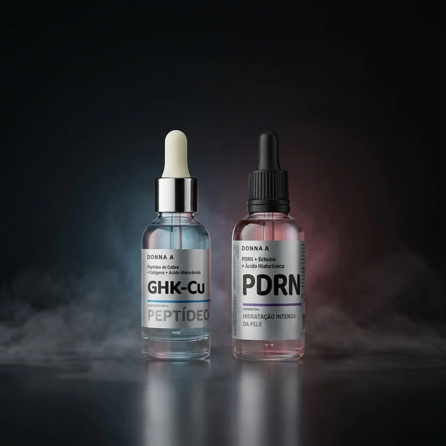 Os dois séruns da Donna A lado a lado: GHK-Cu azul e PDRN rosa