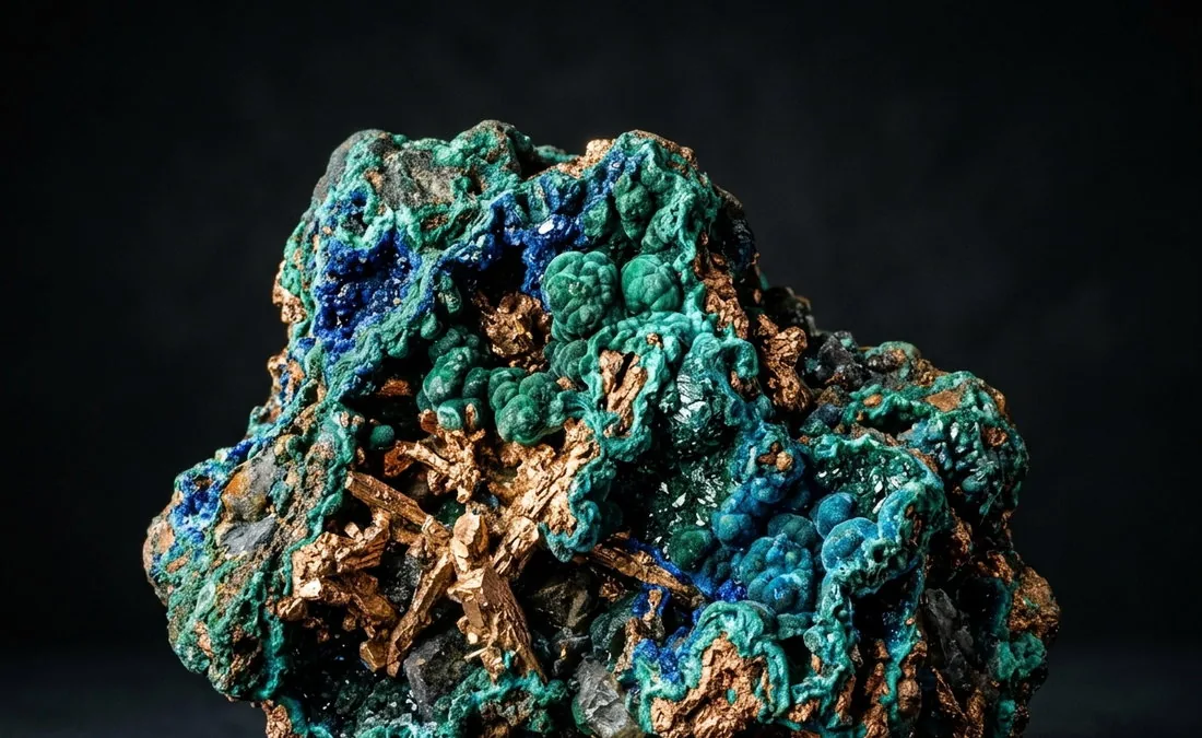 Minério de cobre nativo com azurita azul e malaquita verde, macro