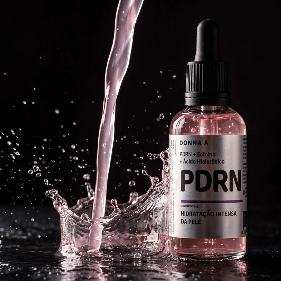 Sérum PDRN rosa sendo despejado ao lado do frasco, com respingo suspenso