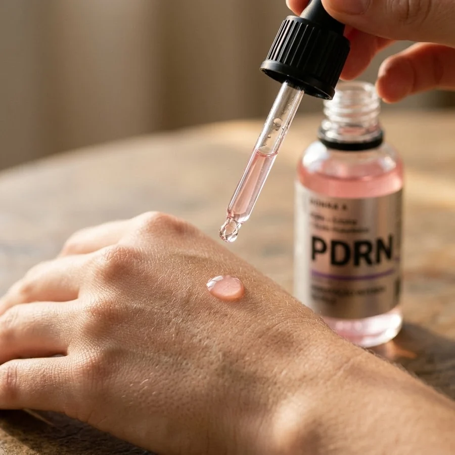 Gota do sérum rosa na mão, antes da aplicação