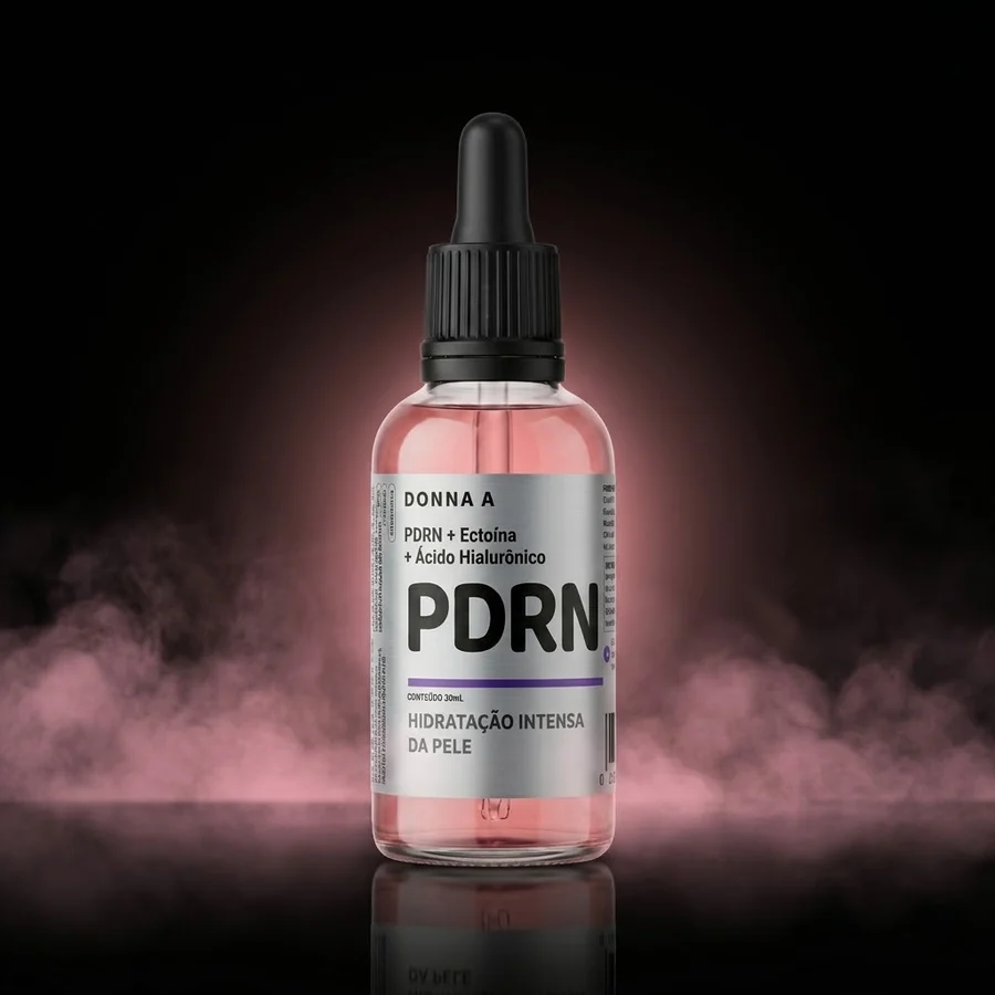 Frasco do sérum PDRN Donna A de 30 mL em luz de estúdio, com o líquido rosa visível