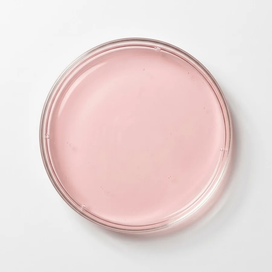 Solução do sérum PDRN em placa de vidro, cor rosa não corrigida