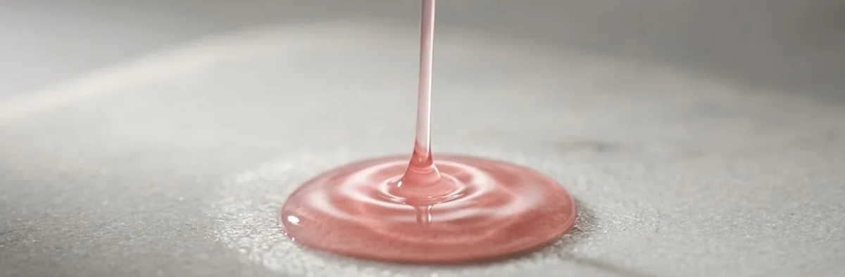 Sérum rosa escorrendo em fio contínuo até formar uma poça