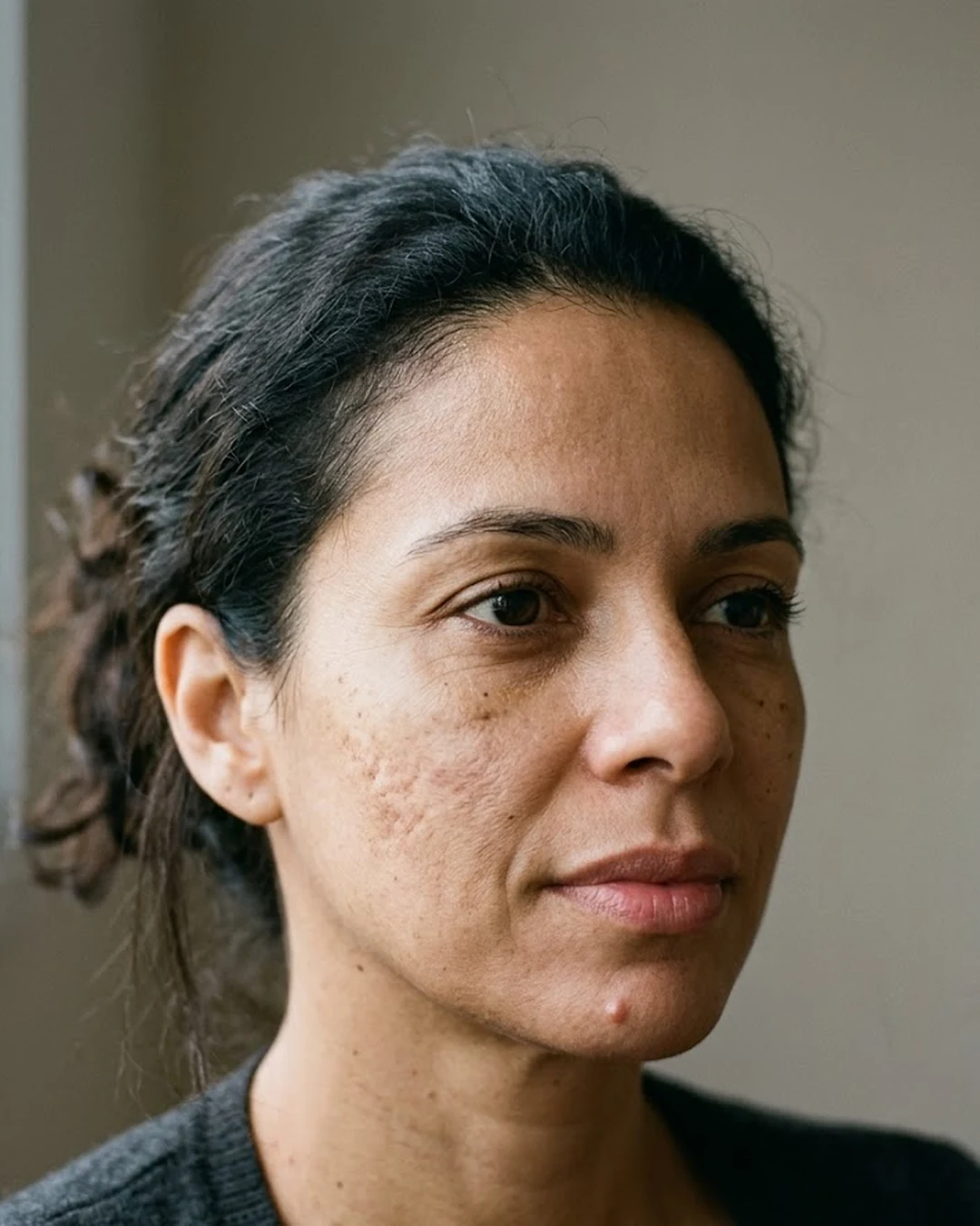 Mulher adulta em luz natural, pele sem maquiagem, com poros e marcas visíveis
