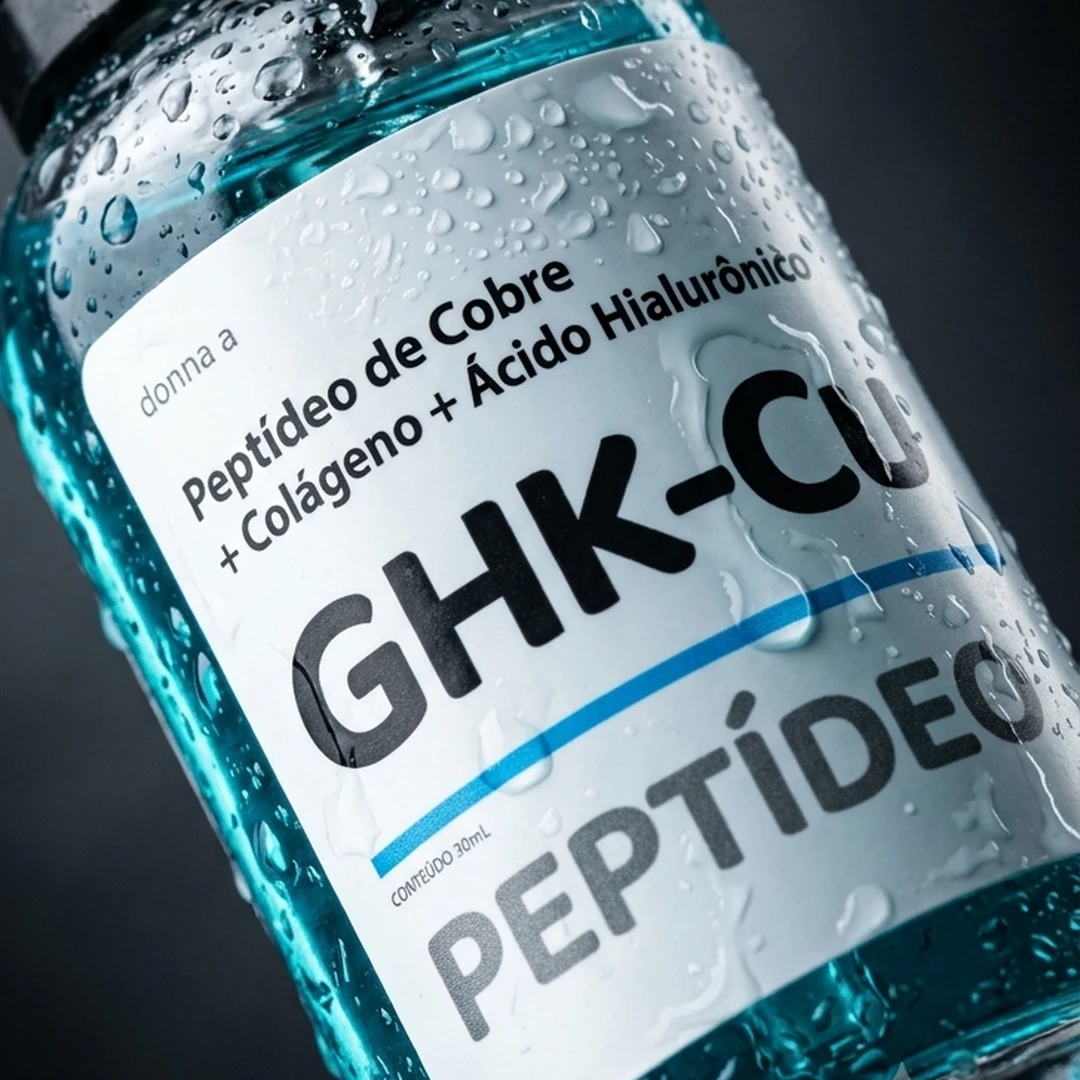Frasco do sérum GHK-Cu Donna A sobre a bancada de mármore do banheiro,
                  com toalha dobrada e copo de água ao fundo, em luz de manhã